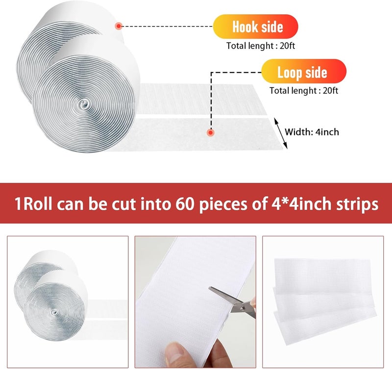 PTUNA 20Ft *4 Inch Hook and Loop Tape with Adhesive Back, Heavy Duty Double Sided Adhesive Strips, Strong Sticky Strips Roll for Home/Office/School/Car, White - Image 3